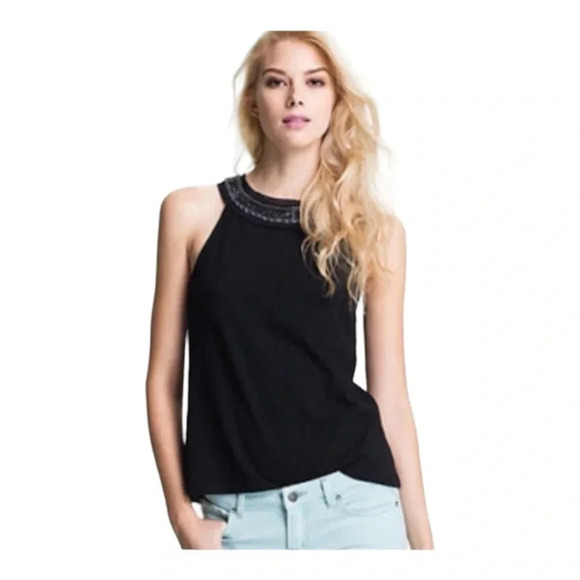 FREE PEOPLE • Black High Neck Beaded Tank Top Small - Picture 2 of 9